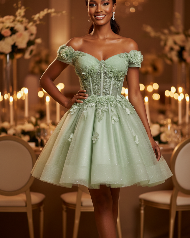 Gruenes Glitzer Tuell Kleid Kurz - Ansicht 4