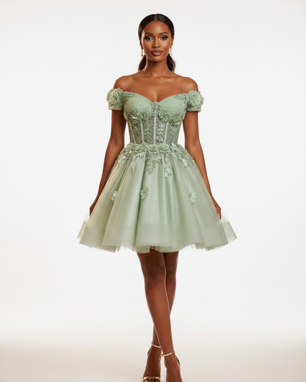 Gruenes Glitzer Tuell Kleid Kurz - Ansicht 5