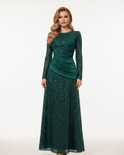 Gruenes Pailletten Kleid Langarm Lang - Ansicht 5