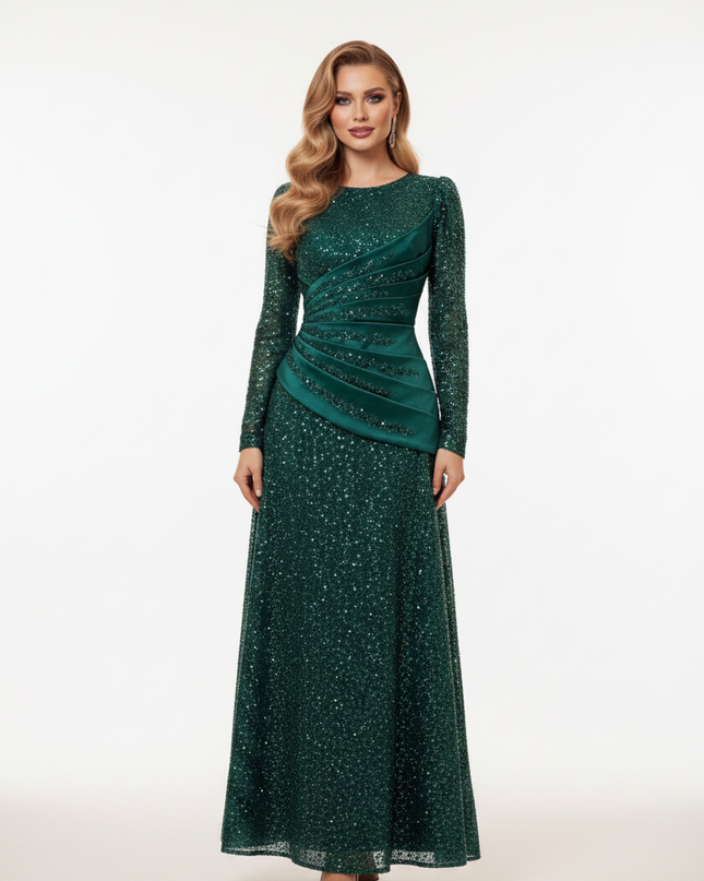 Gruenes Pailletten Kleid Langarm Lang - Ansicht 5