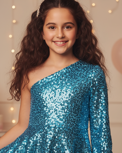 Himmelblaues Glitzer Kleid Kurz - Ansicht 4