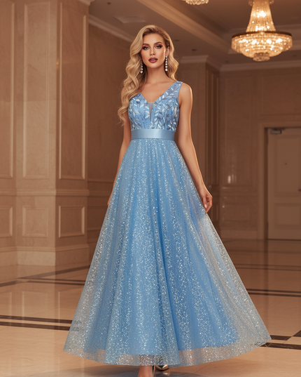 Himmelblaues Glitzer Kleid Lang - Ansicht 1
