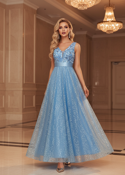 Himmelblaues Glitzer Kleid Lang - Ansicht 1