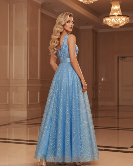 Himmelblaues Glitzer Kleid Lang - Ansicht 2