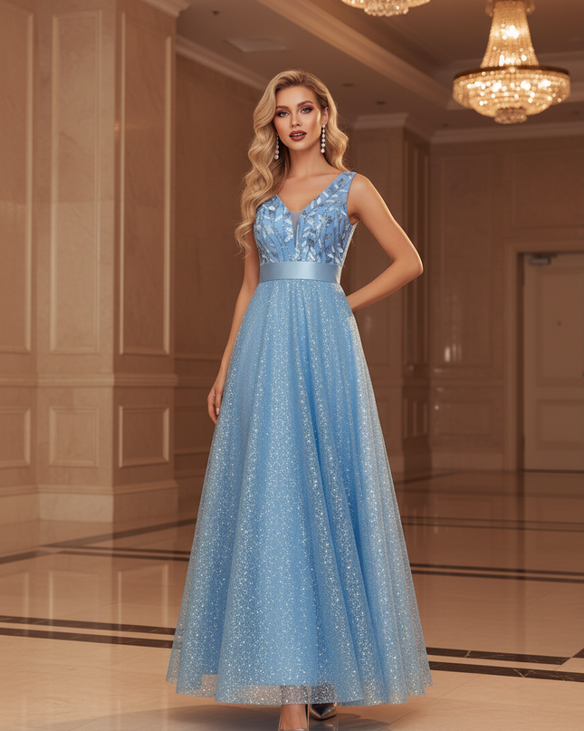 Himmelblaues Glitzer Kleid Lang - Ansicht 3