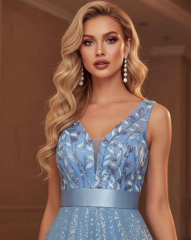 Himmelblaues Glitzer Kleid Lang - Ansicht 4
