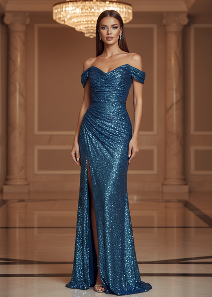 Blaues Glitzer Kleid One-Shoulder - Ansicht 1