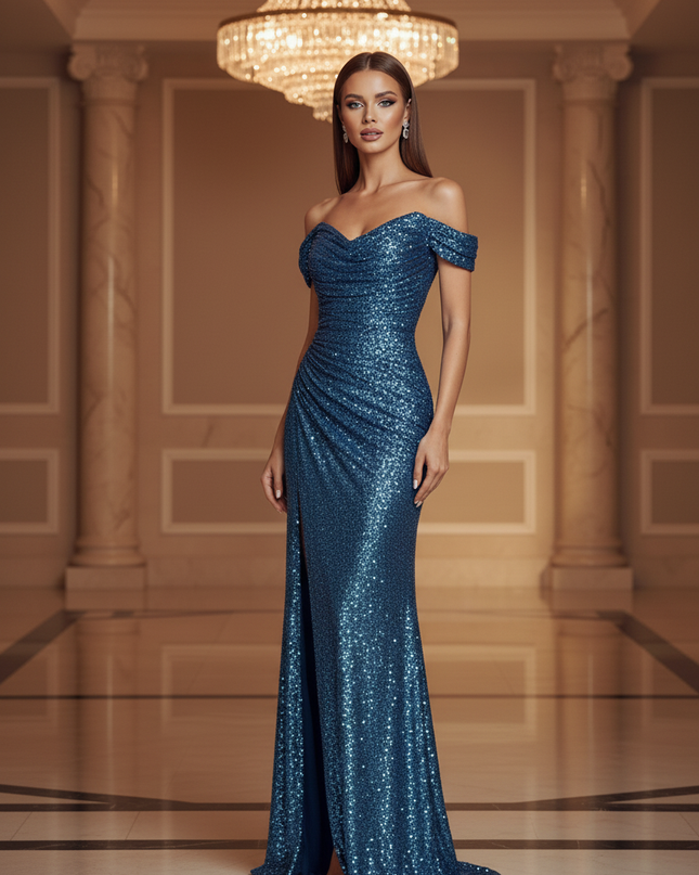 Blaues Glitzer Kleid One-Shoulder - Ansicht 3