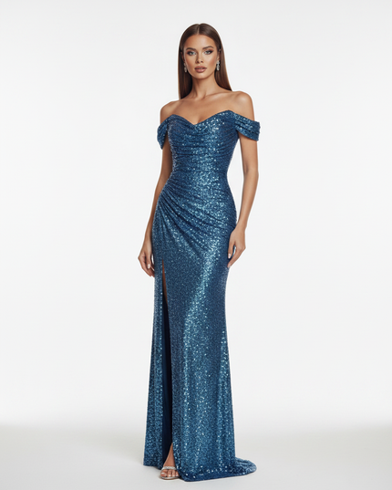 Blaues Glitzer Kleid One-Shoulder - Ansicht 5