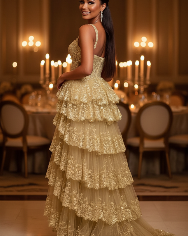 Goldenes Glitzerkleid Lang Prinzessin - Ansicht 2