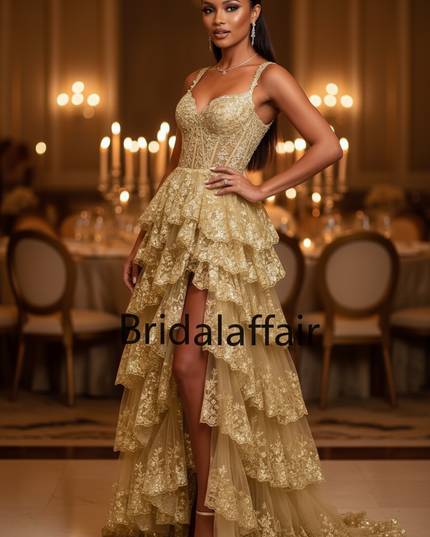 Goldenes Glitzerkleid Lang Prinzessin - Ansicht 3