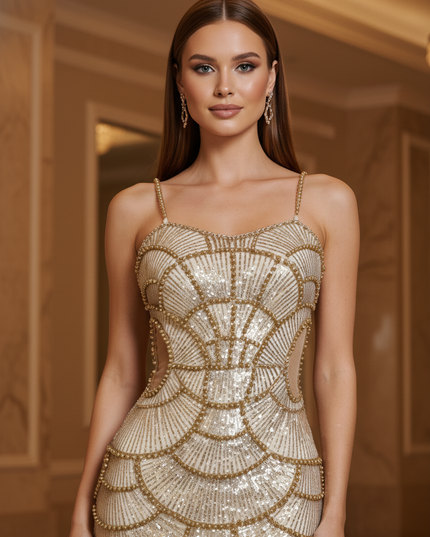 Goldenes Glitzerkleid Midi Mit Perlen - Ansicht 4