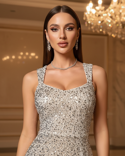 Silbernes Glitzerkleid Kurz Eng - Ansicht 4