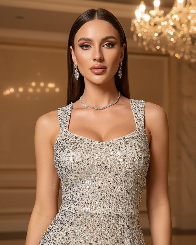 Silbernes Glitzerkleid Kurz Eng - Ansicht 4