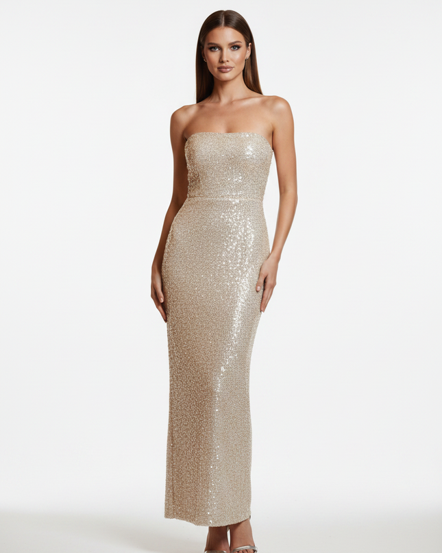 Beiges Glitzer Kleid Lang Figurbetont - Ansicht 5