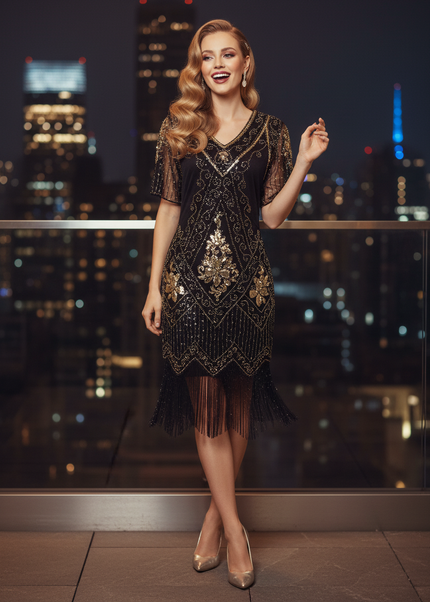 Silberglitzer-Gatsby-Kleid Schwarz - Ansicht 1
