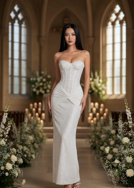 Weisses Korsett-Glitzerkleid lang Pailletten - Ansicht 1