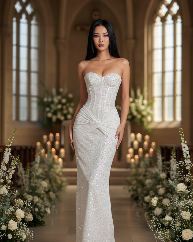 Weisses Korsett-Glitzerkleid lang Pailletten - Ansicht 1
