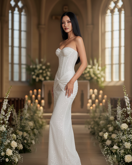Weisses Korsett-Glitzerkleid lang Pailletten - Ansicht 3