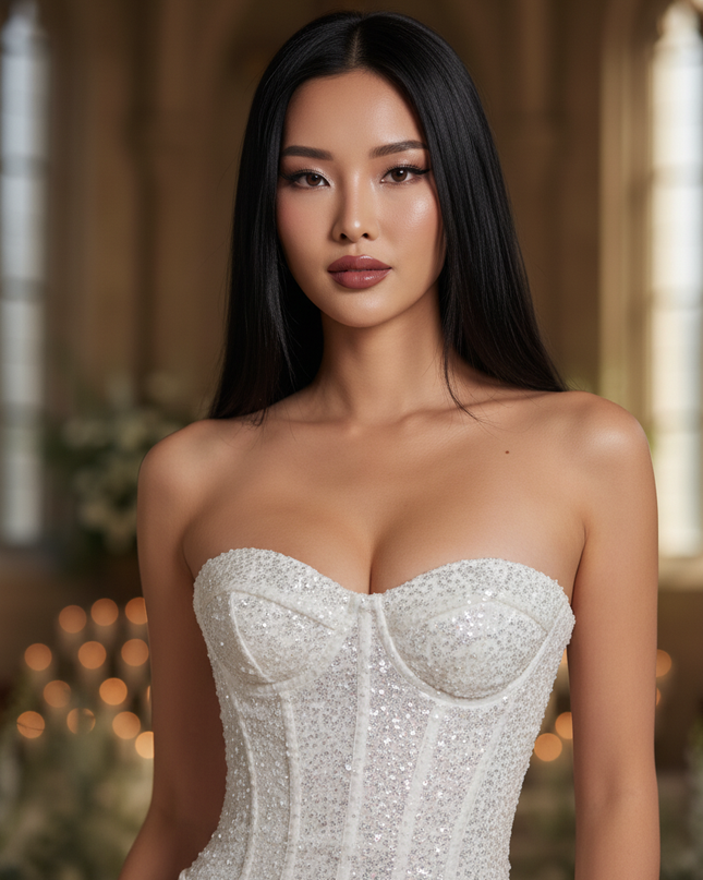 Weisses Korsett-Glitzerkleid lang Pailletten - Ansicht 4