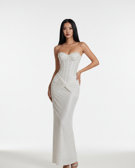 Weisses Korsett-Glitzerkleid lang Pailletten - Ansicht 5