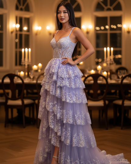 Lila Glitzerkleid Korsett Spitze Lang - Ansicht 3