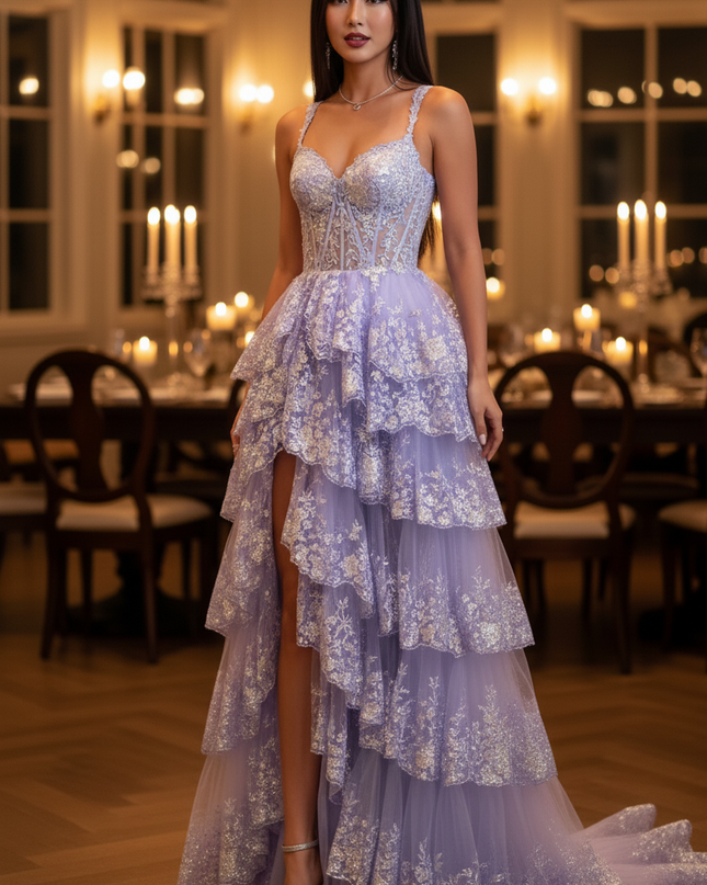 Lila Glitzerkleid Korsett Spitze Lang - Ansicht 4