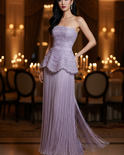 Lila Glitzerkleid Lang Bandeau - Ansicht 1