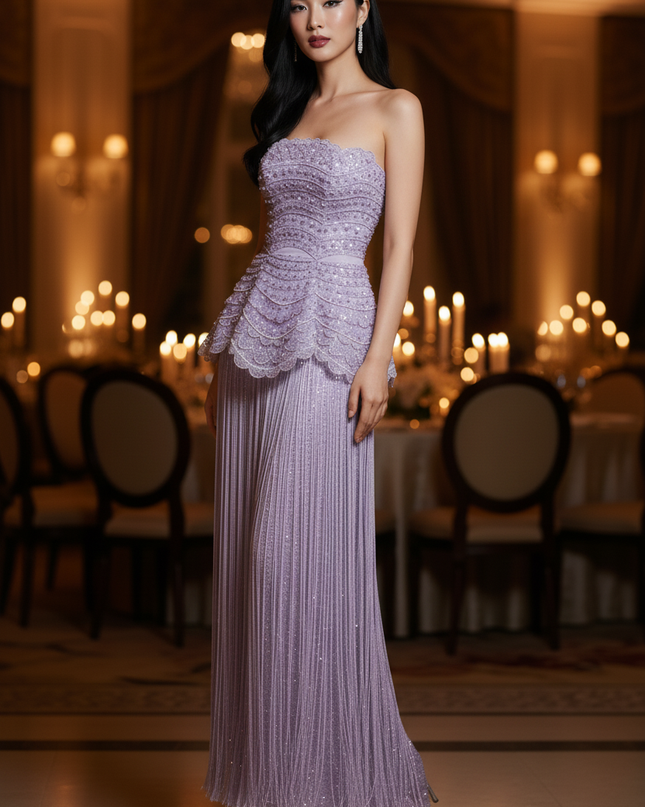 Lila Glitzerkleid Lang Bandeau - Ansicht 3