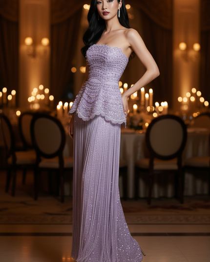 Lila Glitzerkleid Lang Bandeau - Ansicht 4