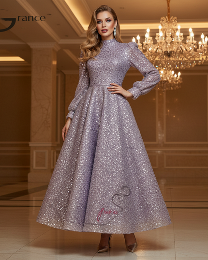 Lila Glitzerkleid Lang Langarm - Ansicht 1