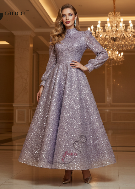 Lila Glitzerkleid Lang Langarm - Ansicht 1