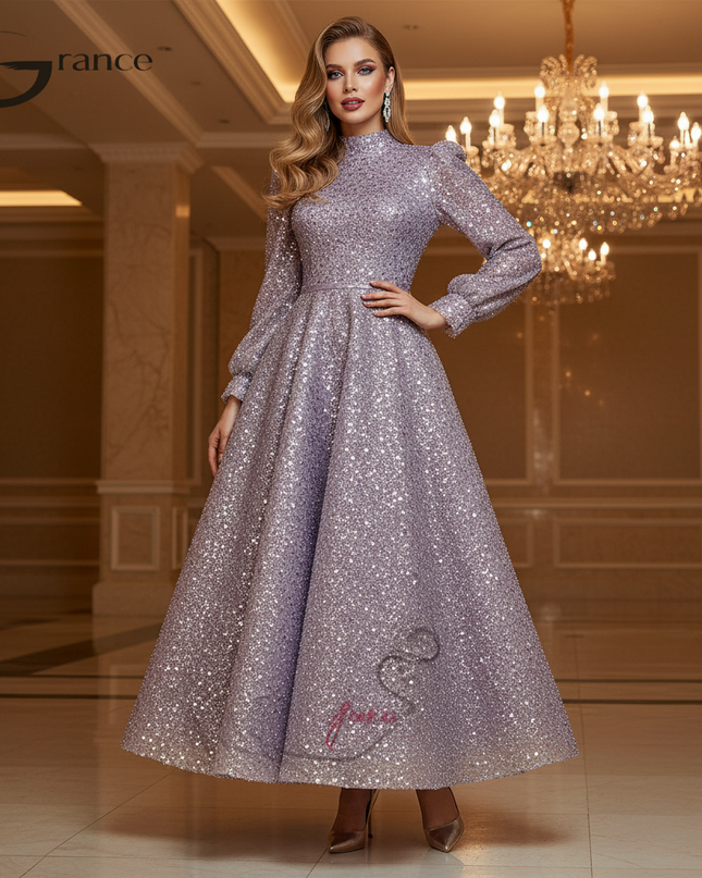 Lila Glitzerkleid Lang Langarm - Ansicht 1