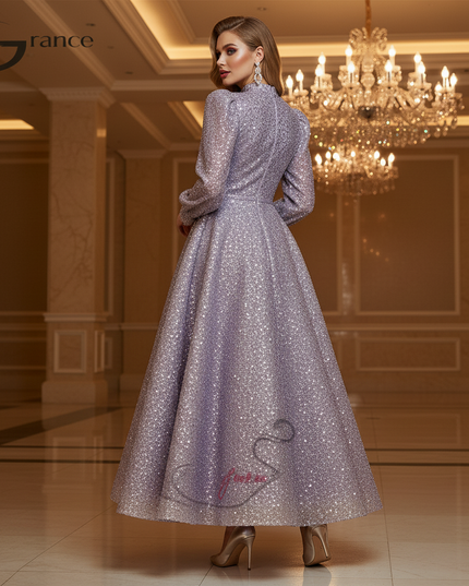 Lila Glitzerkleid Lang Langarm - Ansicht 2