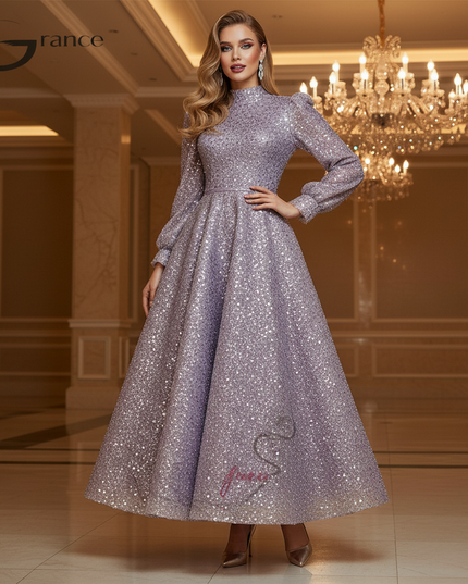 Lila Glitzerkleid Lang Langarm - Ansicht 3