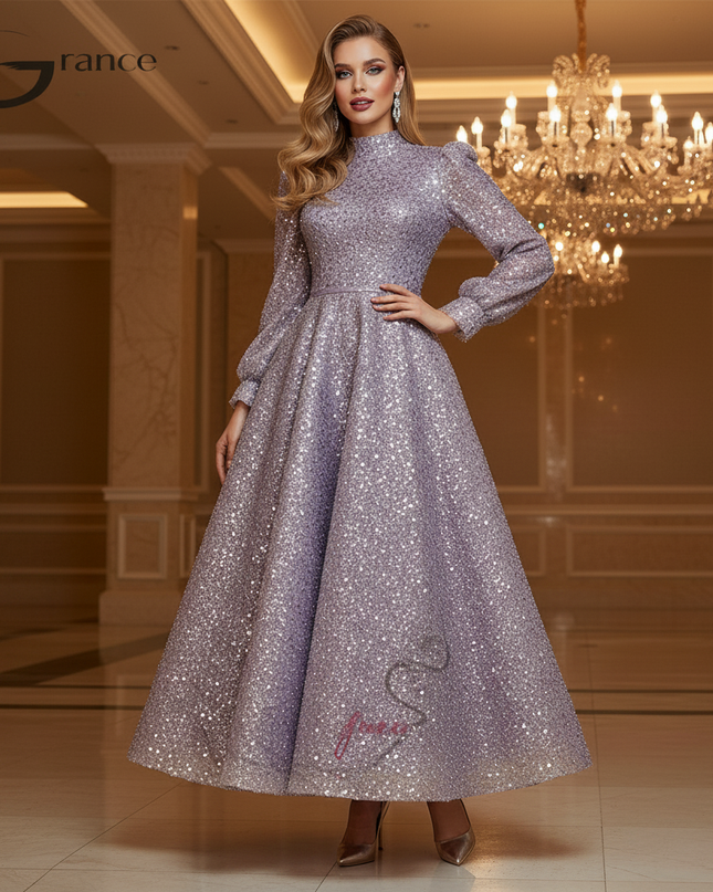 Lila Glitzerkleid Lang Langarm - Ansicht 3