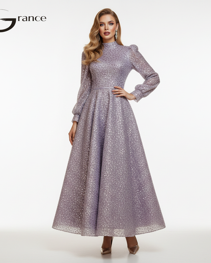 Lila Glitzerkleid Lang Langarm - Ansicht 5