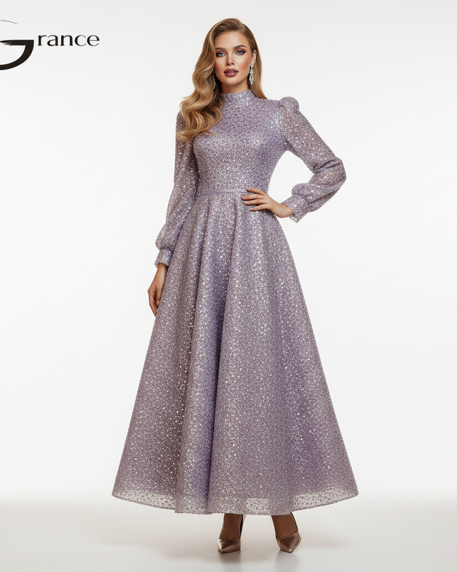 Lila Glitzerkleid Lang Langarm - Ansicht 5