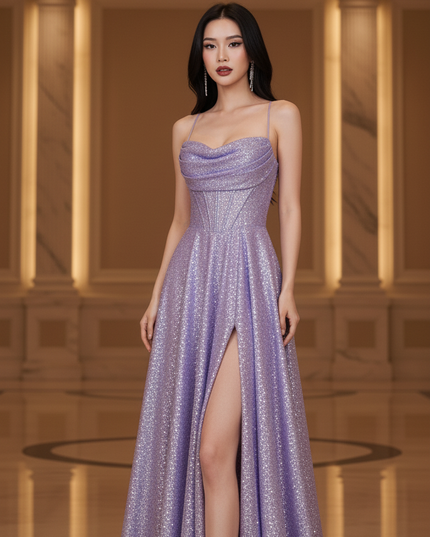 Lila Pailletten Abendkleid Lang - Ansicht 3