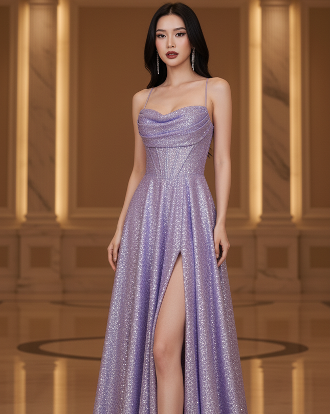 Lila Pailletten Abendkleid Lang - Ansicht 3