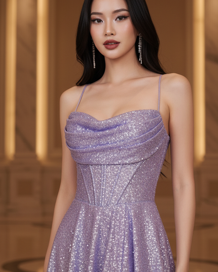 Lila Pailletten Abendkleid Lang - Ansicht 4