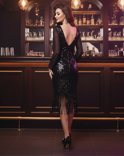 Schwarzes Midi Glitzerkleid Pailletten - Ansicht 2