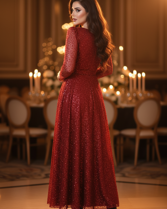 Das mohnrote Glitzerkleid in Lang - Ansicht 2