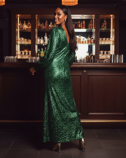 Moosgruenes Glitzerkleid mit Langarm - Ansicht 2