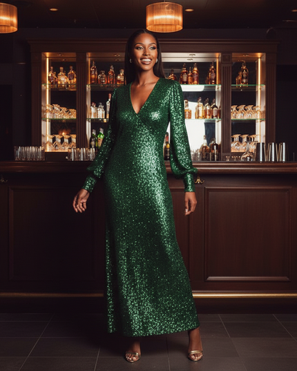 Moosgruenes Glitzerkleid mit Langarm - Ansicht 3