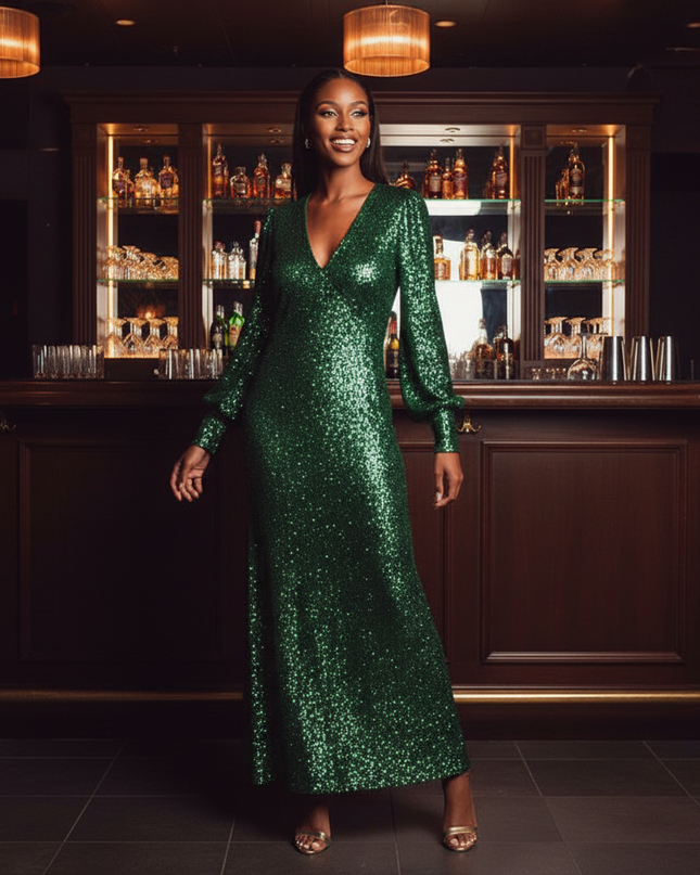 Moosgruenes Glitzerkleid mit Langarm - Ansicht 3