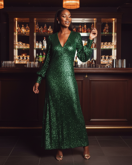 Moosgruenes Glitzerkleid mit Langarm - Ansicht 4