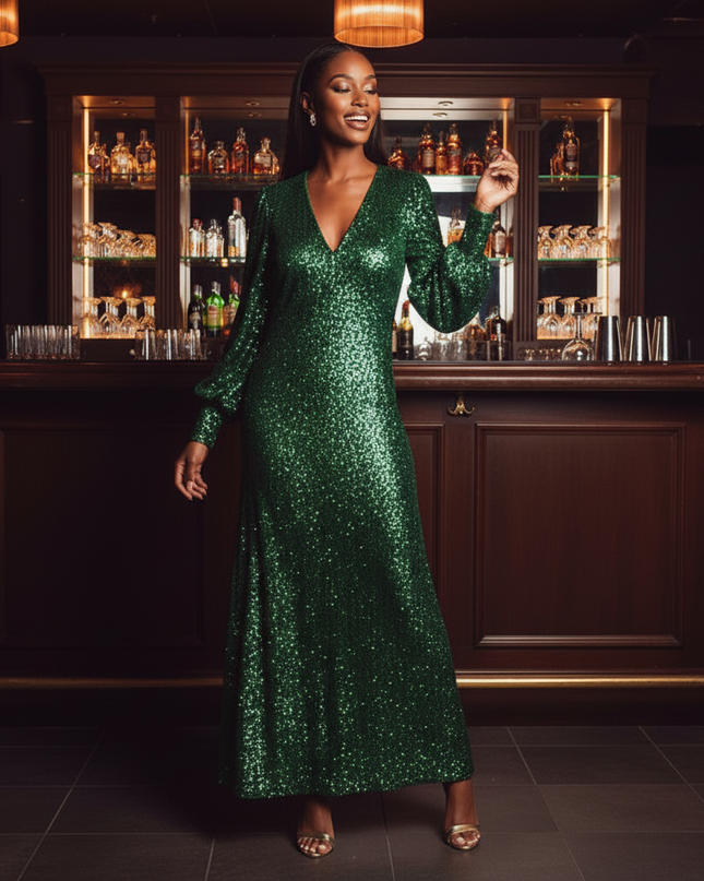 Moosgruenes Glitzerkleid mit Langarm - Ansicht 4