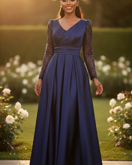 Navyblaues Glitzerkleid lang mit Langarm - Ansicht 1