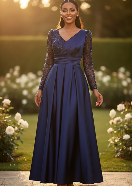 Navyblaues Glitzerkleid lang mit Langarm - Ansicht 1